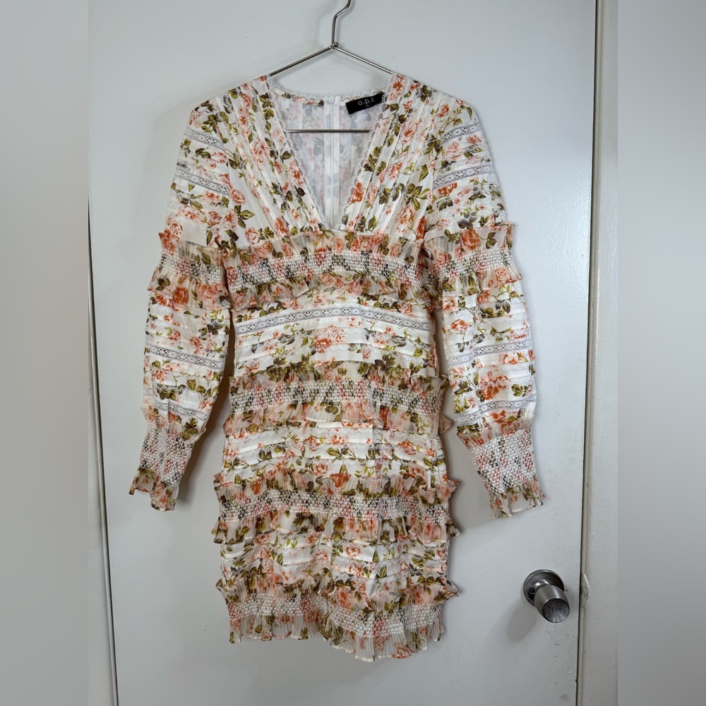 O.P.T. Peach and green long sleeve deep V neck, ruffle, shirred, mini dress. S